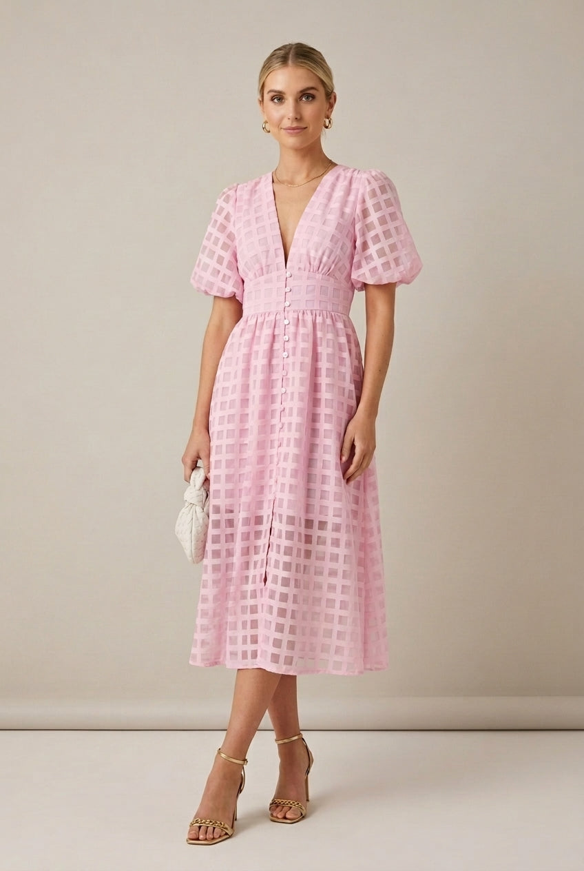 Women's Checkered Puff Sleeve V-Neck Midi Dress