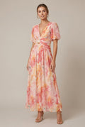 Women's Puff Sleeve Floral Print Maxi Dress - Deep V-Neck - Ruched Waist