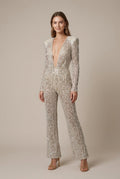Women's Sequin Deep V-Neck Long Sleeve Wide Leg Jumpsuit