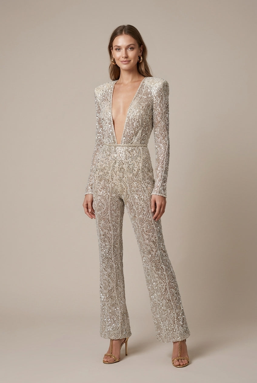Women's Sequin Deep V-Neck Long Sleeve Wide Leg Jumpsuit