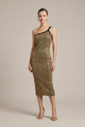 Women's Single Shoulder Metallic Thread Sequined Cocktail Midi Dress