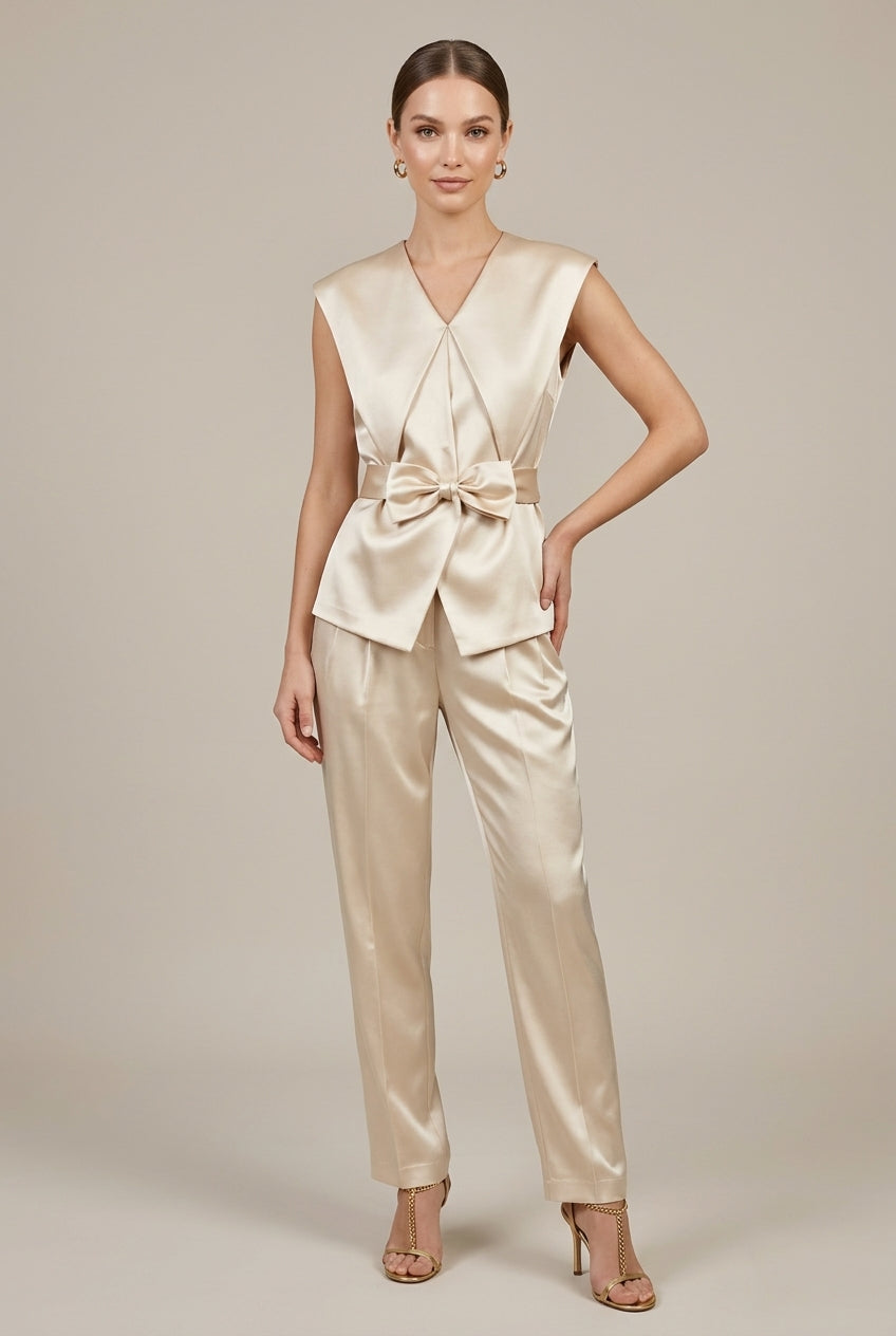 Women's Tailored Sleeveless Wide Collar Blazer with Bow Detail Pant Suit