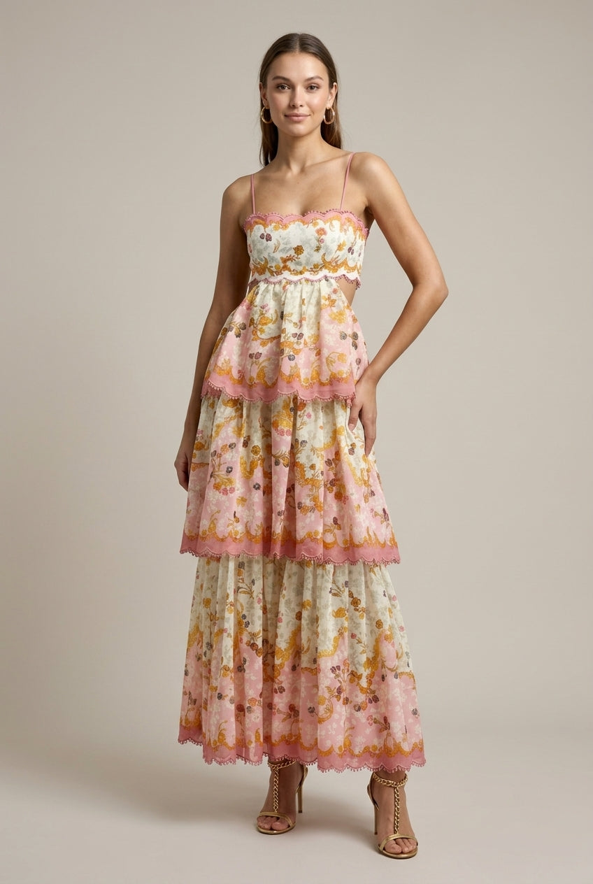 Women's Sleeveless Floral Print Maxi Dress - Scallop Trim - Tiered Skirt