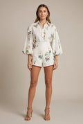 Women's Floral Linen Blend Balloon Sleeve Shirt and High Waist Shorts - Two Piece Set