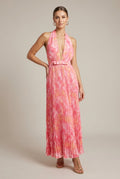 Women's Deep V Halter Pleated Maxi Dress - Tie Back Belted