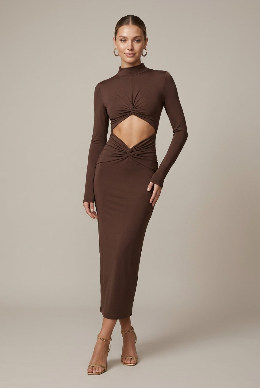 Women's High Neck Cut Out Long Sleeve Bodycon Maxi Dress