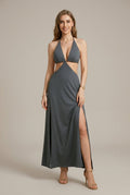 Women's Halter Neck Cut Out Maxi Dress - Sleeveless Floor Length