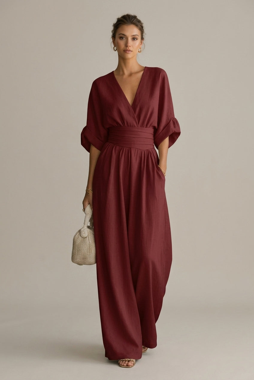 Women's V-Neck Waist Defining Long Sleeve Jumpsuit