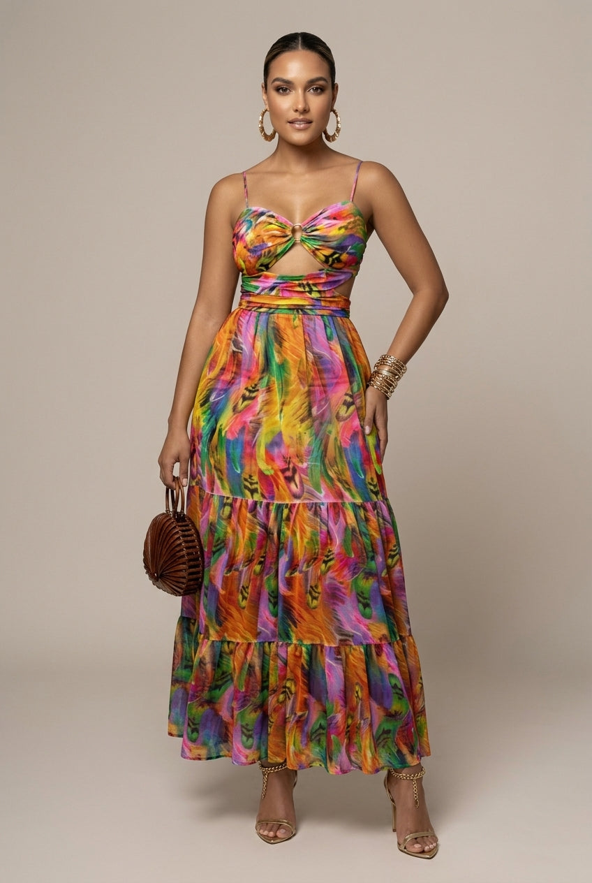 Women's Printed Cut-Out Slip Maxi Dress - Spaghetti Strap