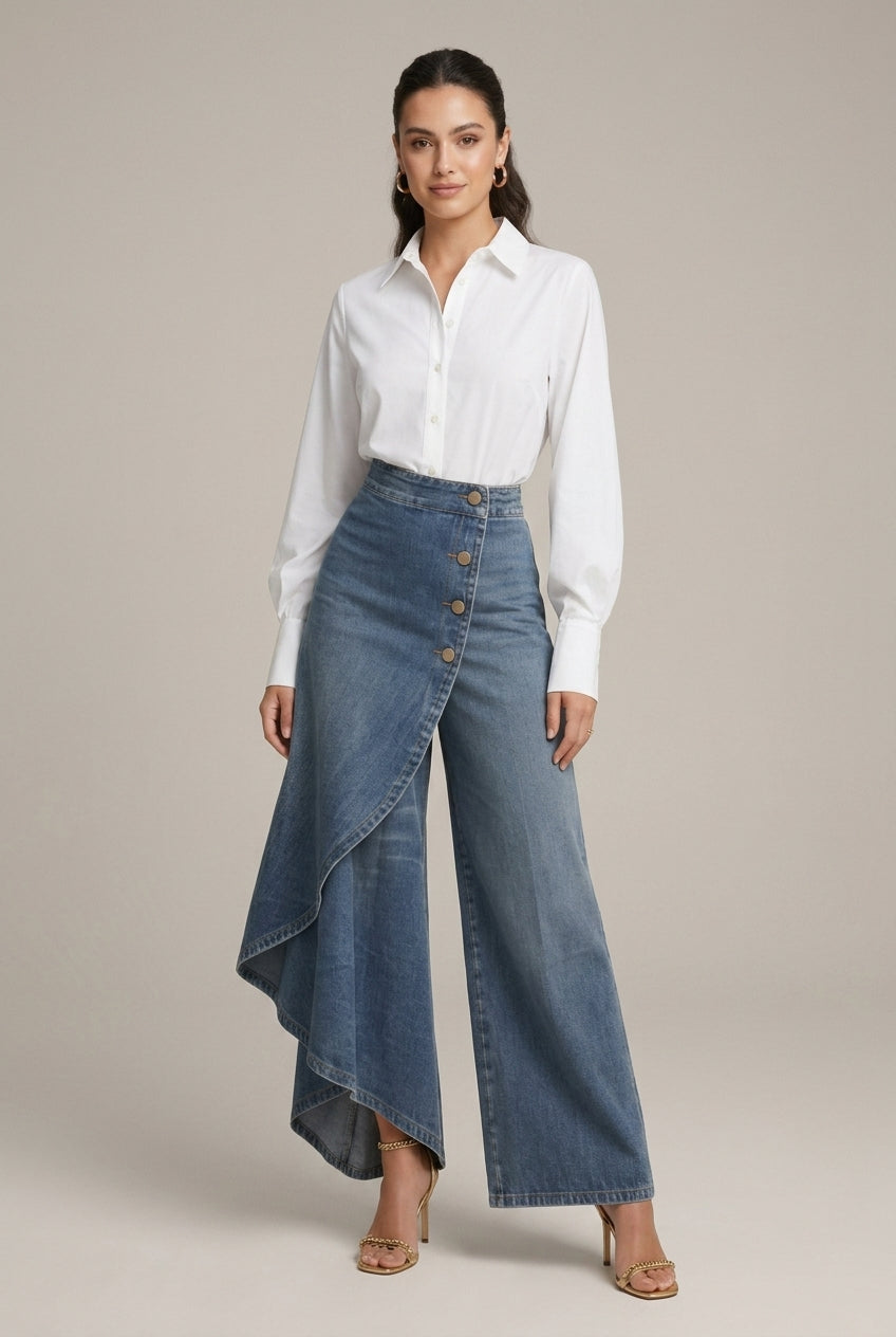 Women's High-Waist Wide Leg Denim Pants with Asymmetric Skirt Overlay