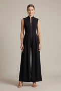 Women's Sleeveless Deep V-Neck Front Zip Wide Leg Jumpsuit