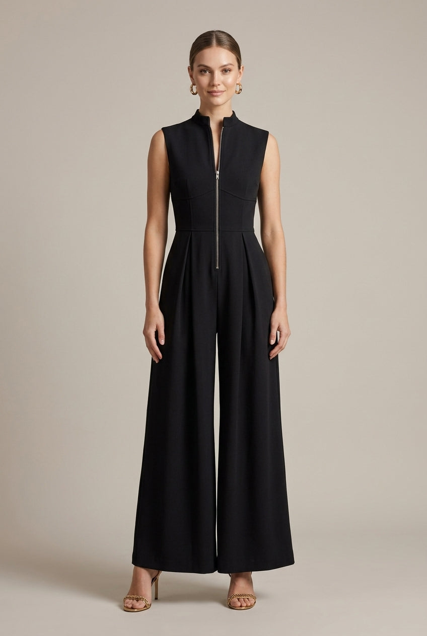 Women's Sleeveless Deep V-Neck Front Zip Wide Leg Jumpsuit