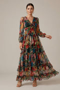 Women's Floral Long Sleeve V-Neck Tiered Ruffle Maxi Dress