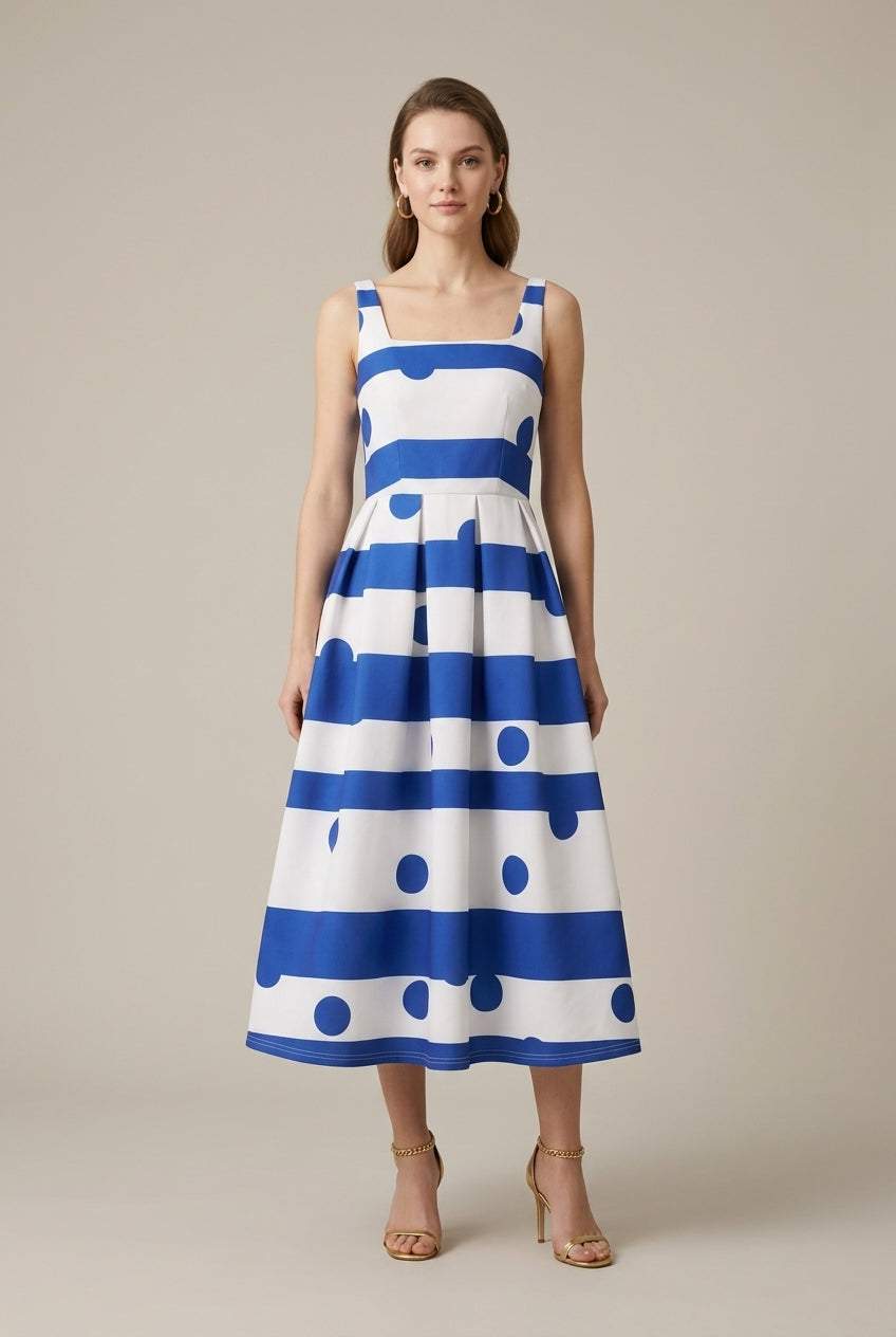 Women's Dot Striped Combo Sleeveless Tank Dress - Flared Swing