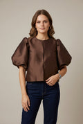Women's Satin Puff Sleeve Cropped Blazer - Button Front Jacket