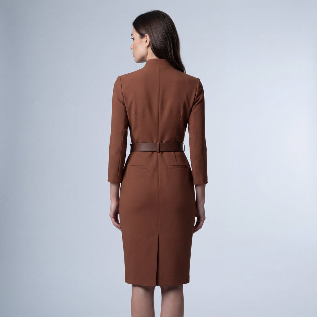 Women's Long Sleeve Wrap Front Belted Midi Dress - V-Neck