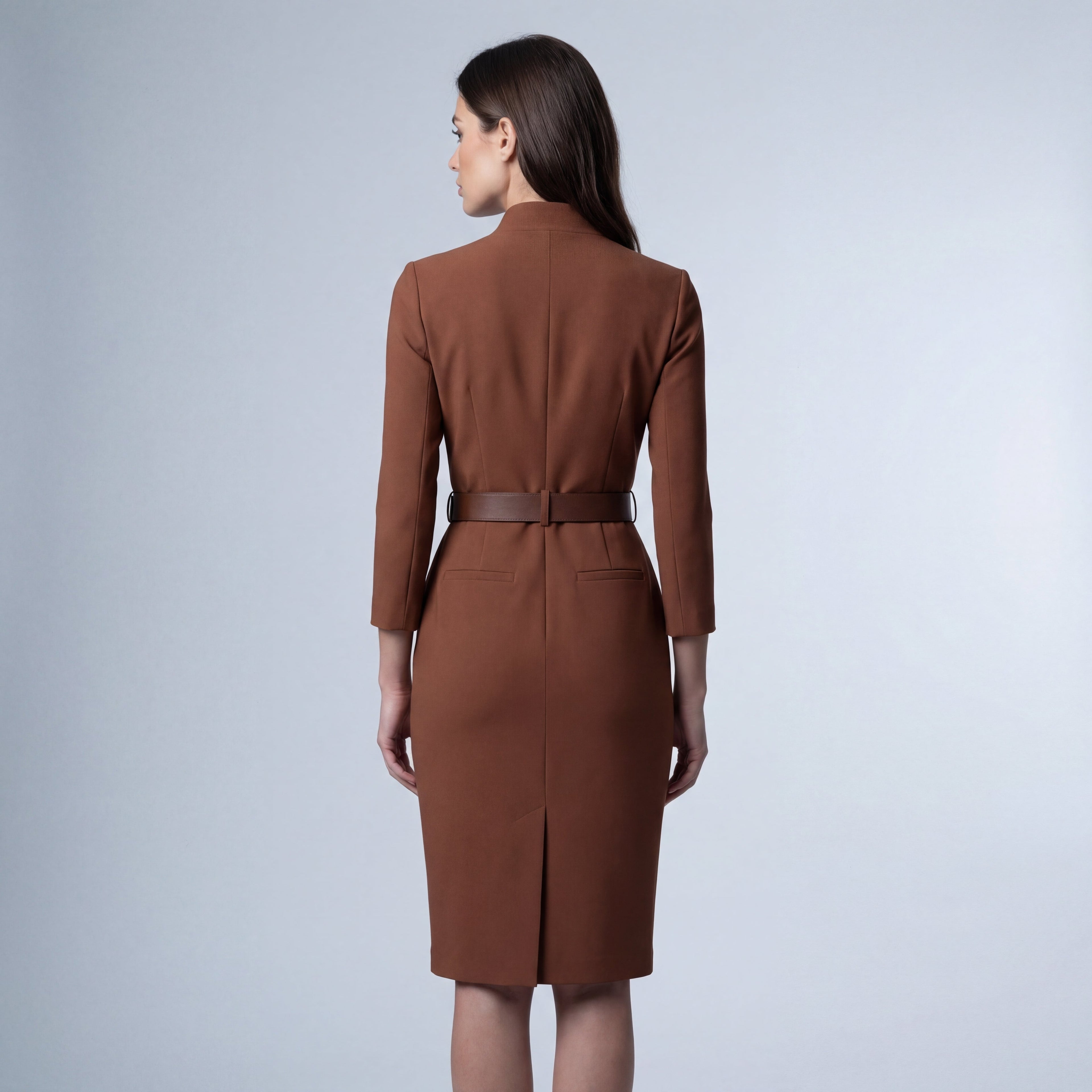 Women's Long Sleeve Wrap Front Belted Midi Dress - V-Neck