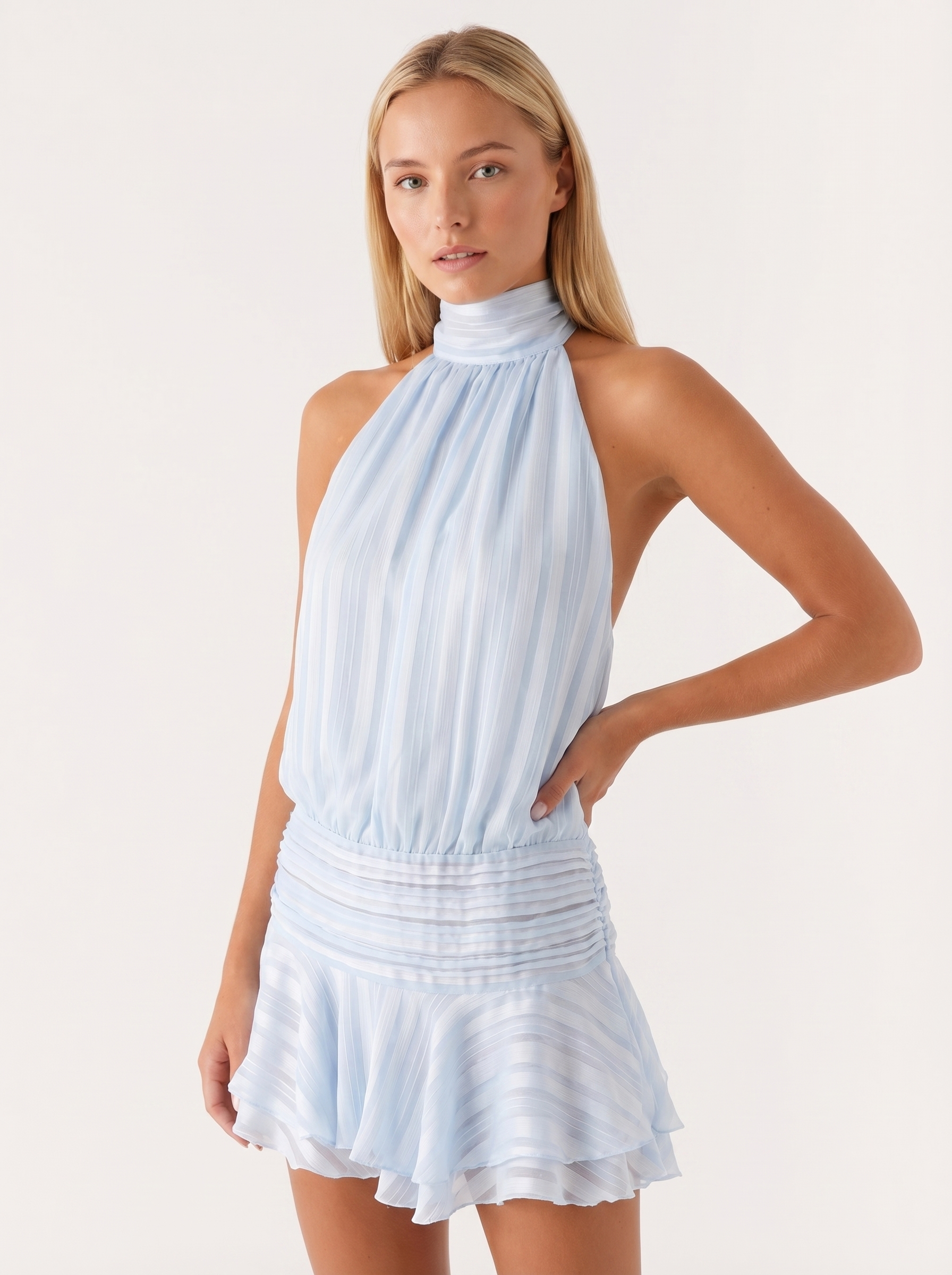 Women's Halter Neck Open Back Tie Ruffle Hem Mini Dress