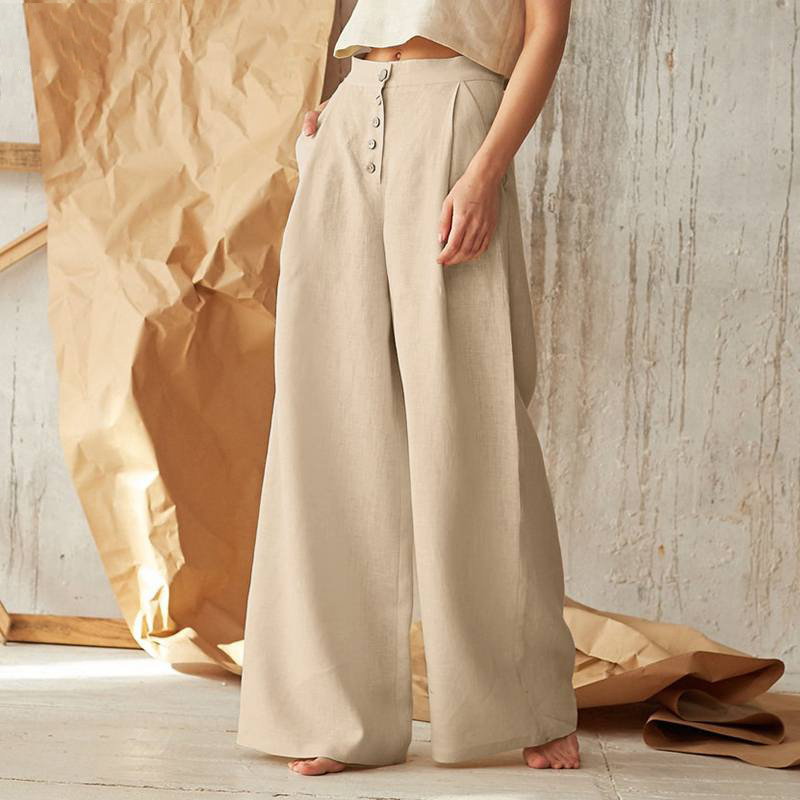 Women’s Wide Leg Pants with High Waist and Button Front Closure Pleated Loose Fit Trousers