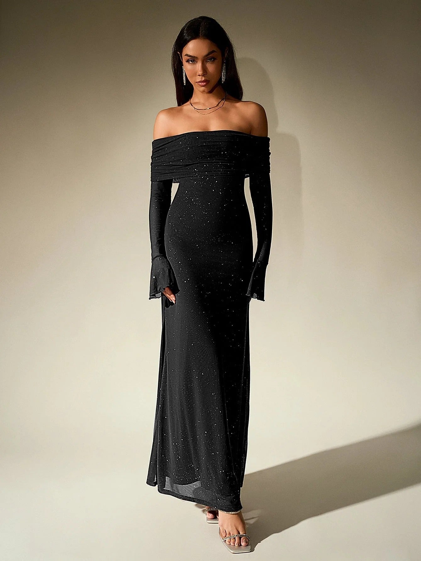 Women's Glitter Mesh Off Shoulder Maxi Dress - Long Sleeve Bodycon with Folded Bardot Neckline - Formal Evening Wear