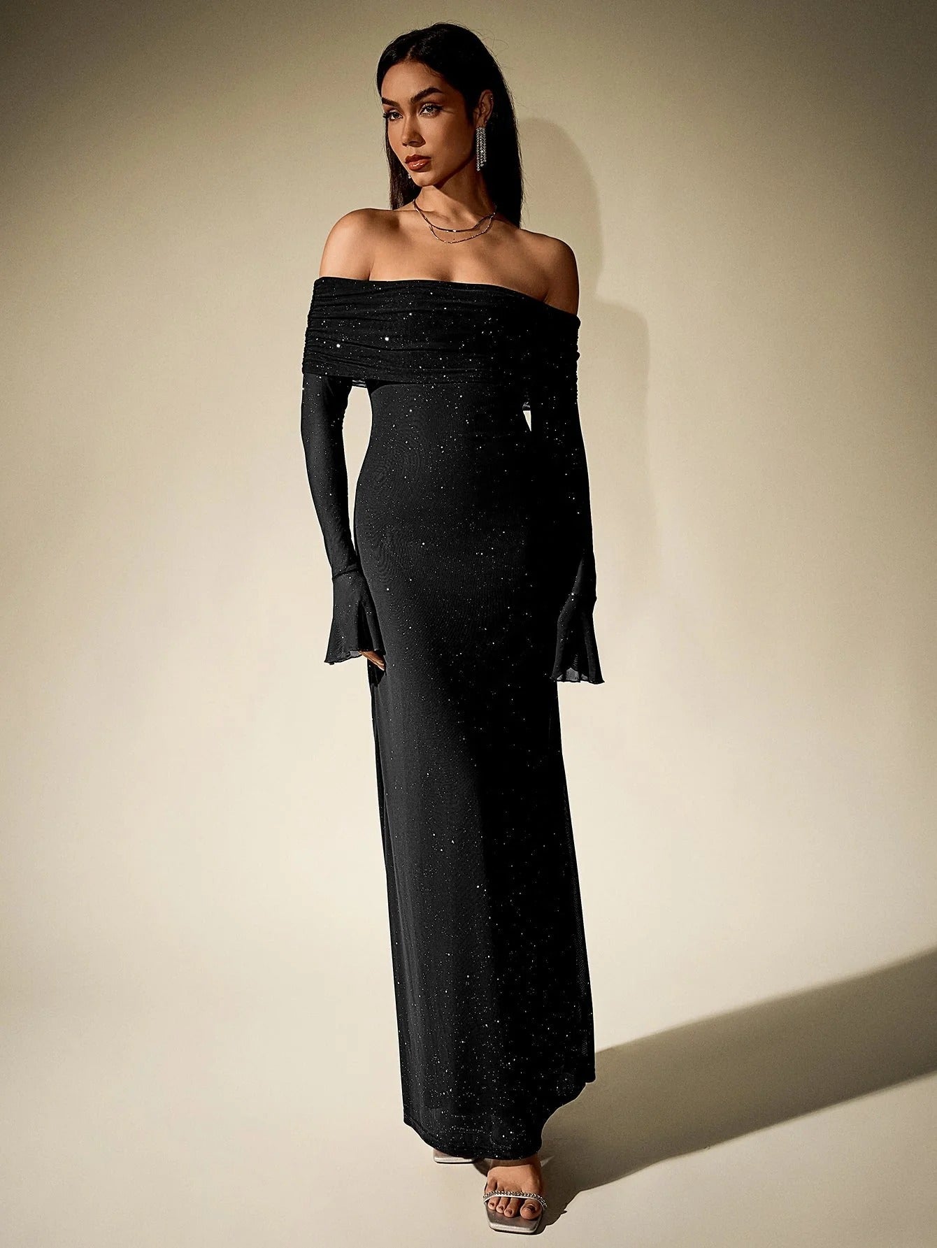 Women's Glitter Mesh Off Shoulder Maxi Dress - Long Sleeve Bodycon with Folded Bardot Neckline - Formal Evening Wear