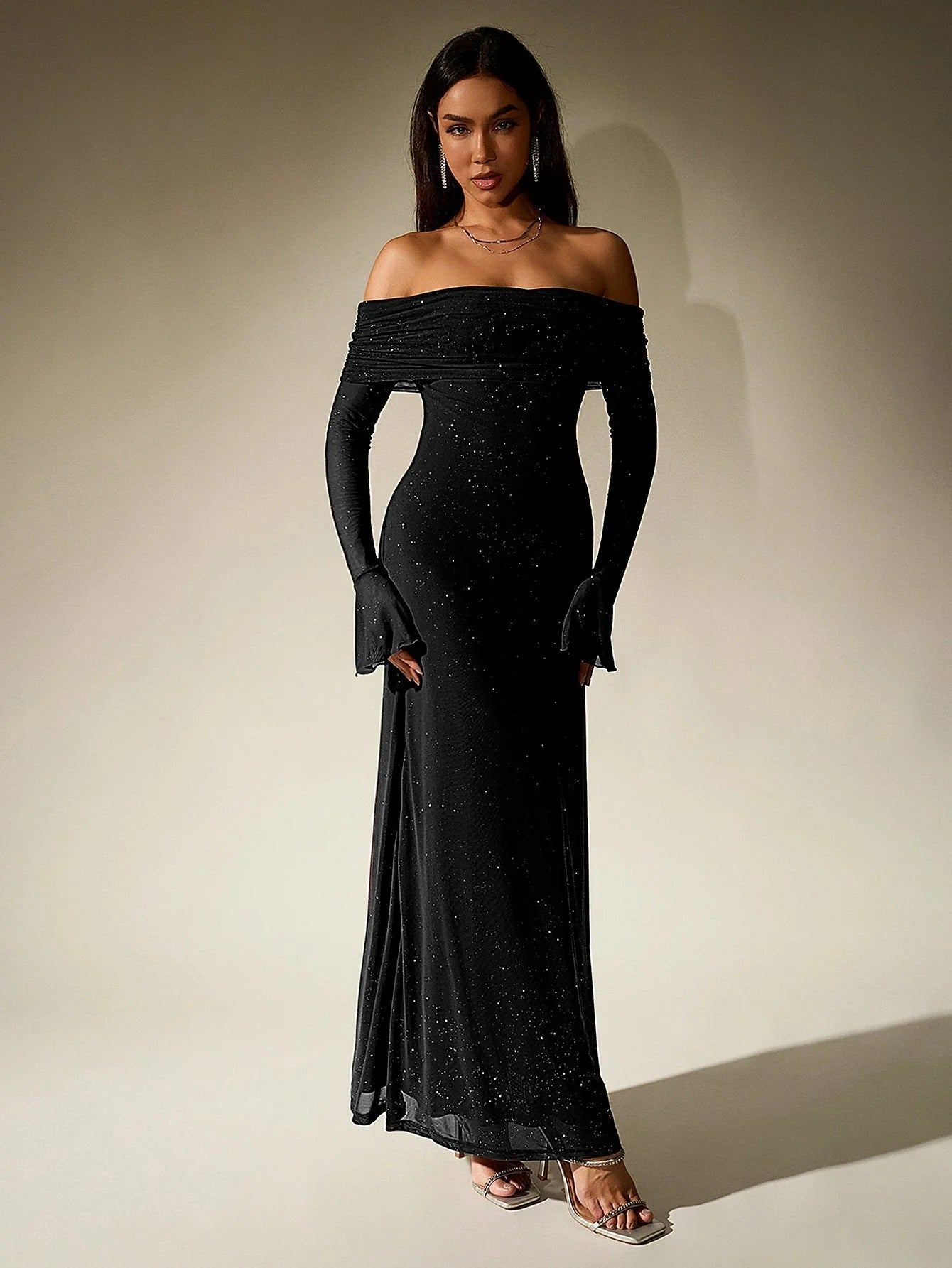 Women's Glitter Mesh Off Shoulder Maxi Dress - Long Sleeve Bodycon with Folded Bardot Neckline - Formal Evening Wear