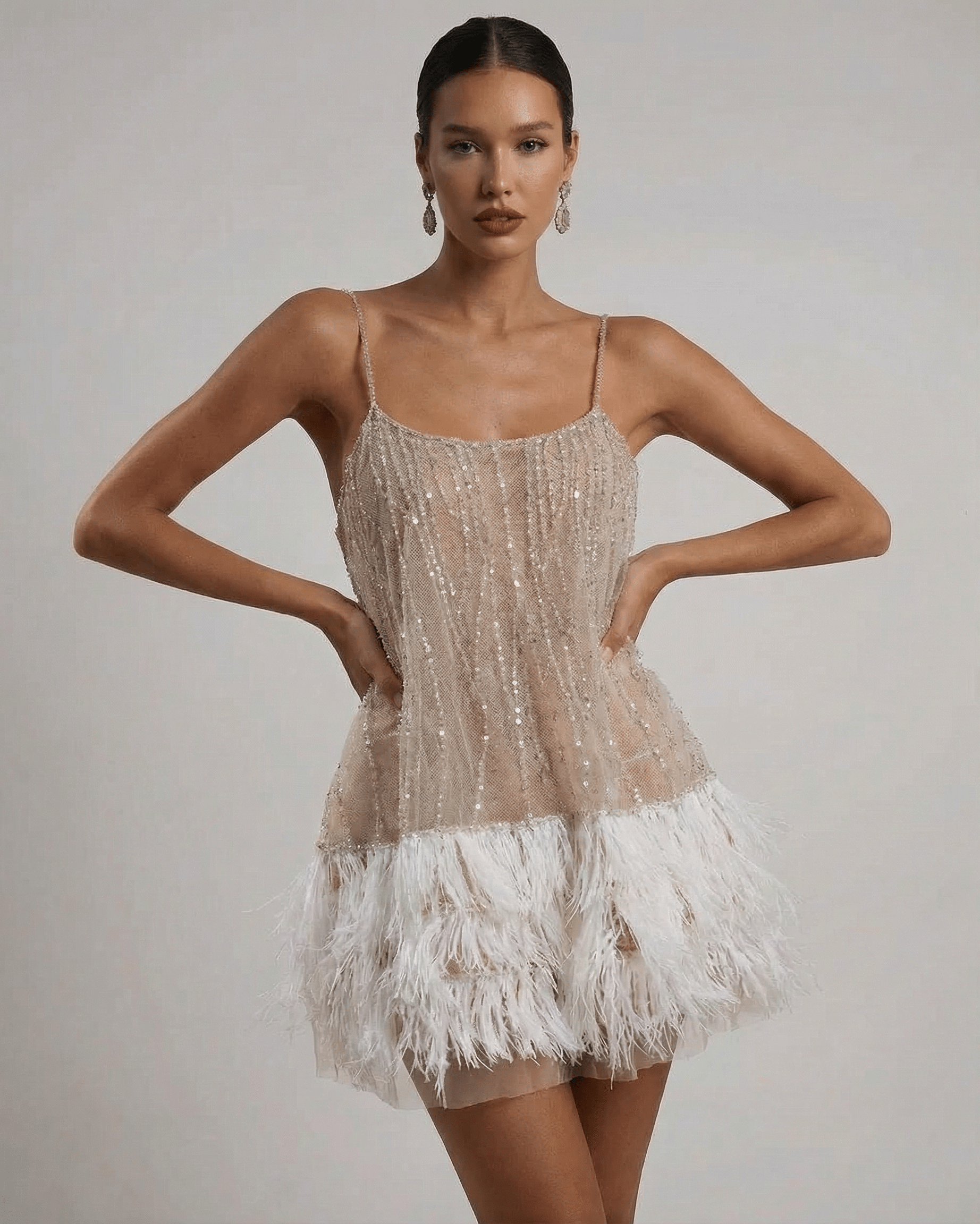 Women's Sequin Spaghetti Strap Sweetheart Feather Trim Mini Dress