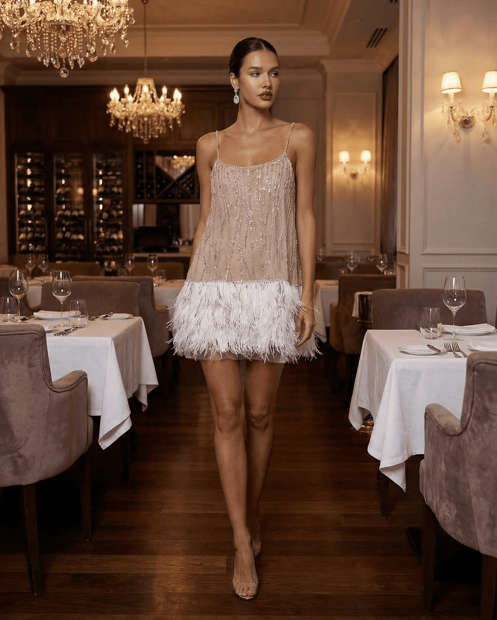 Women's Sequin Spaghetti Strap Sweetheart Feather Trim Mini Dress