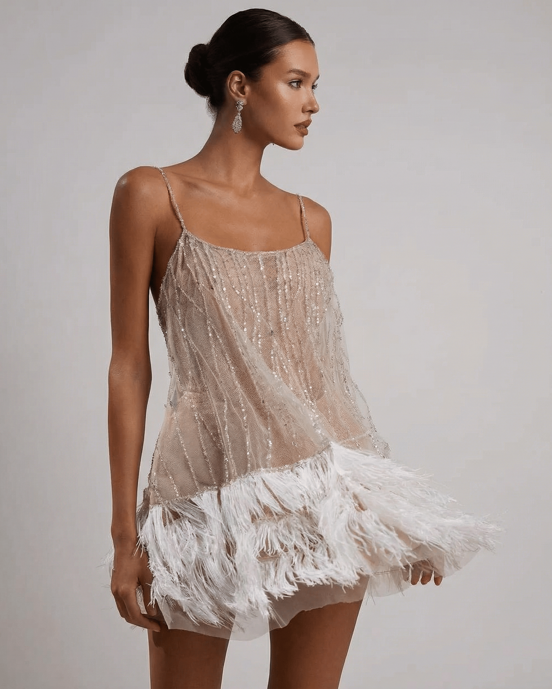 Women's Sequin Spaghetti Strap Sweetheart Feather Trim Mini Dress