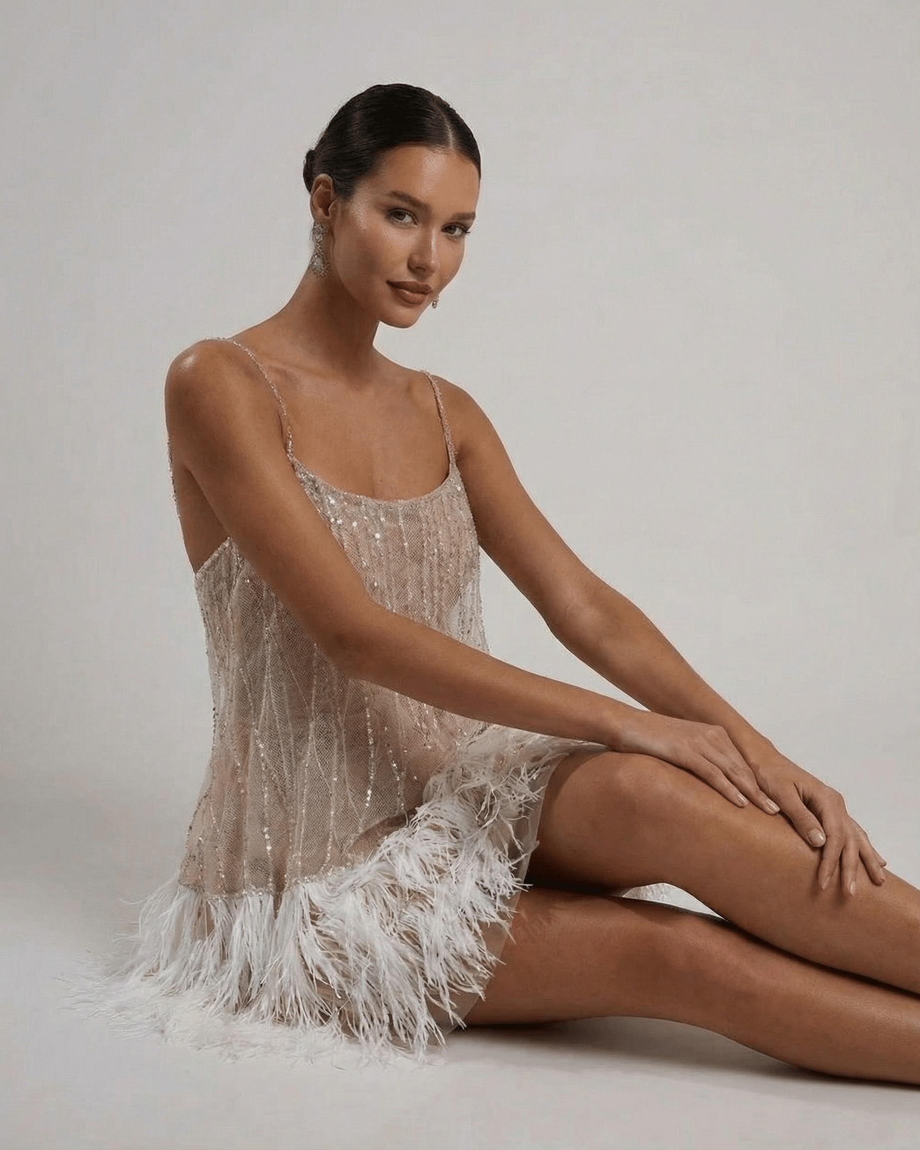 Women's Sequin Spaghetti Strap Sweetheart Feather Trim Mini Dress