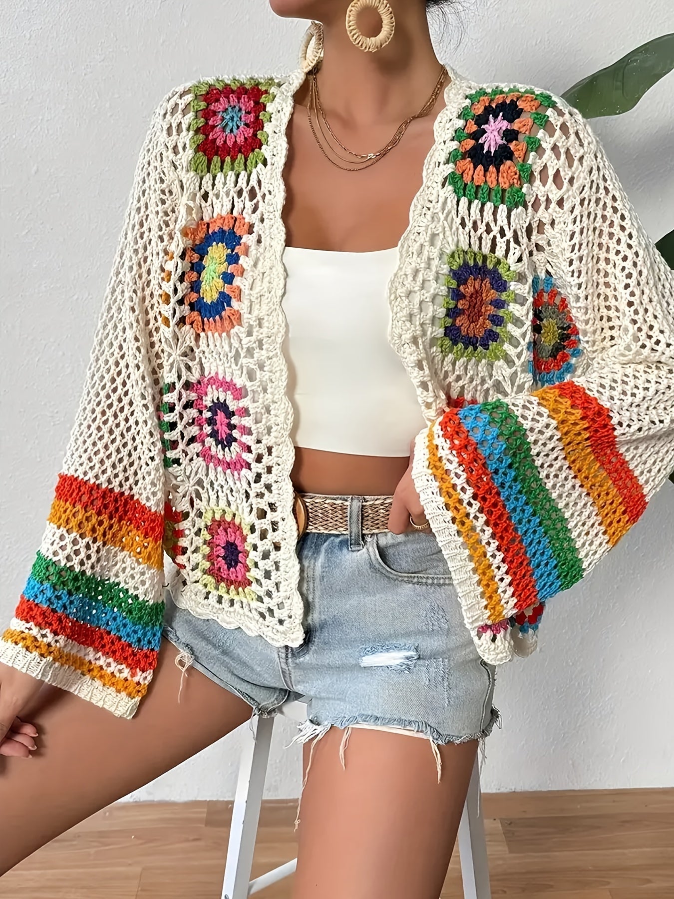 Women's Crochet Cardigan - Open Front Long Sleeve Granny Square Floral Open Knit Cardigan with Stripe Cuffs