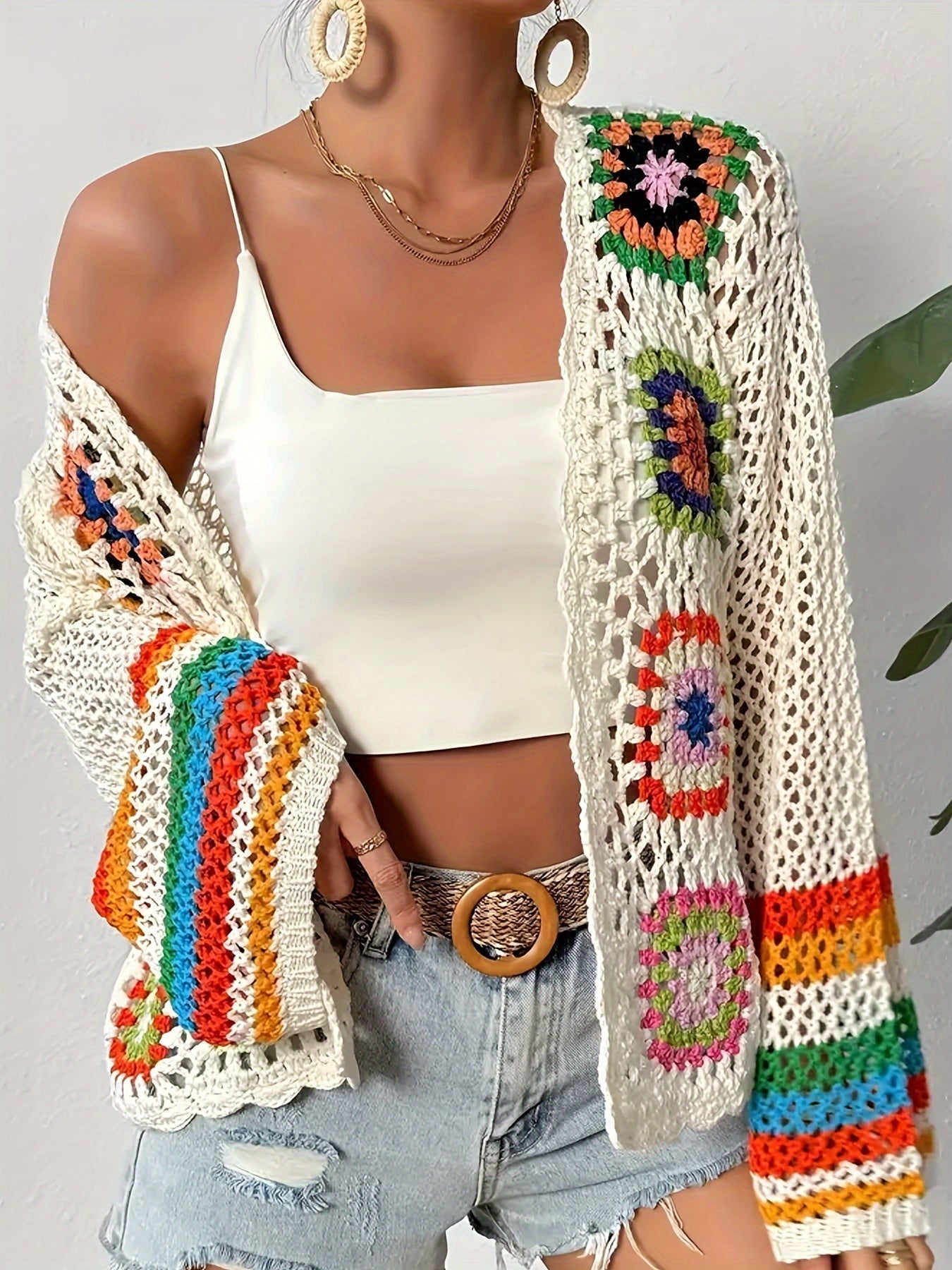 Women's Crochet Cardigan - Open Front Long Sleeve Granny Square Floral Open Knit Cardigan with Stripe Cuffs