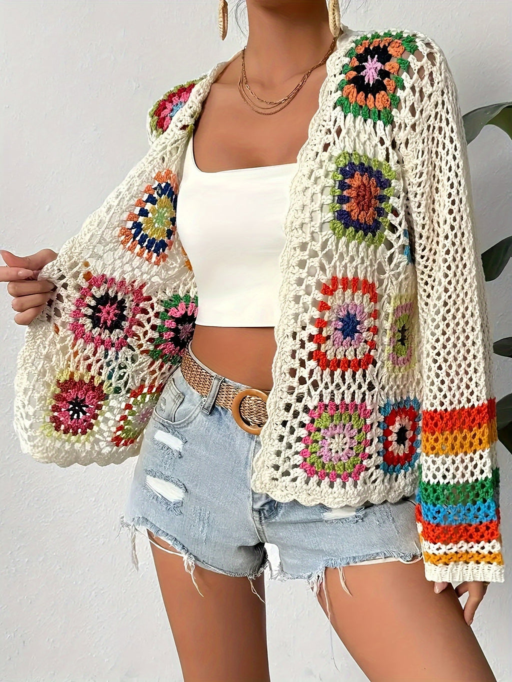 Women's Crochet Cardigan - Open Front Long Sleeve Granny Square Floral Open Knit Cardigan with Stripe Cuffs