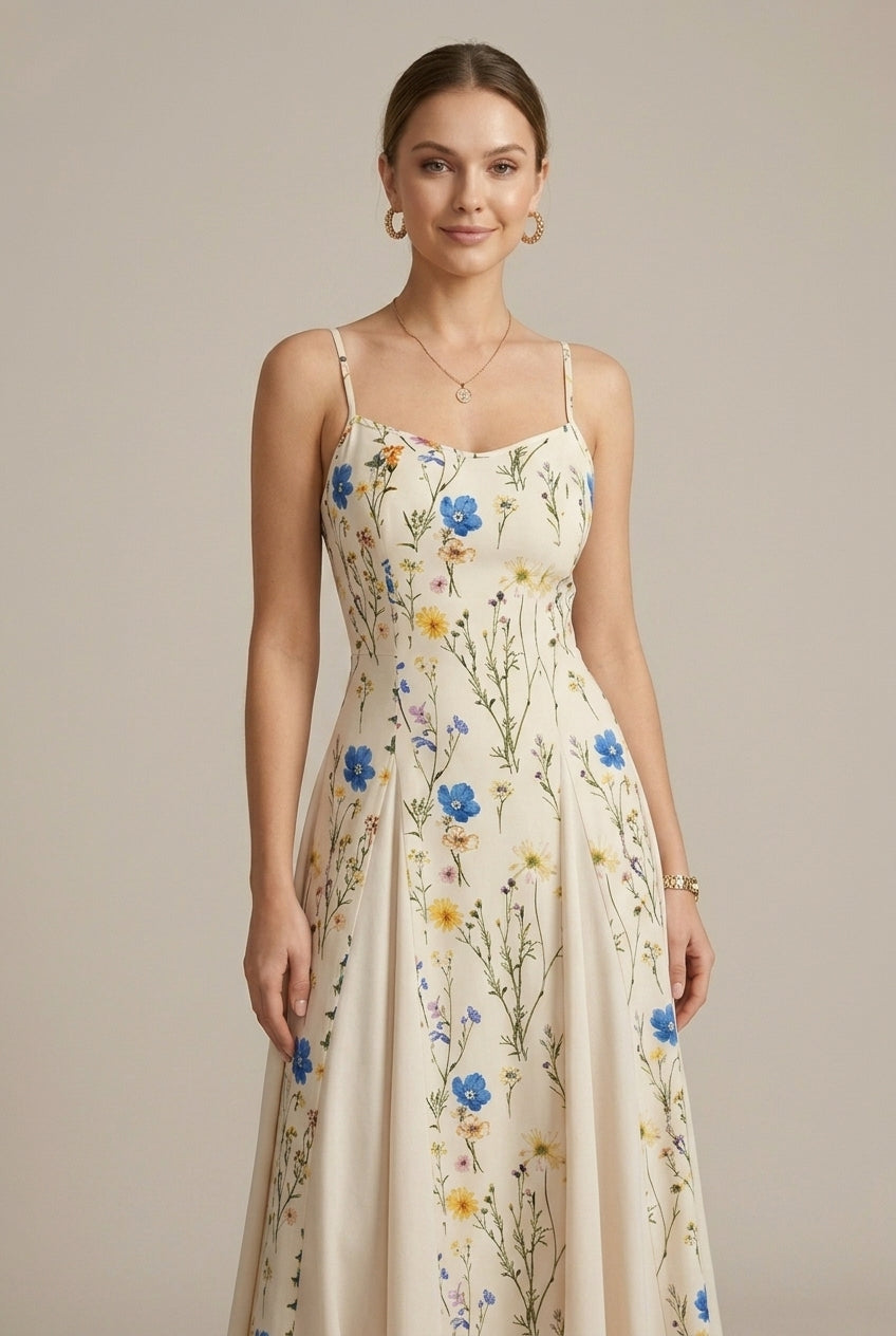 Women's Floral Print Spaghetti Strap Sweetheart A-Line Maxi Dress