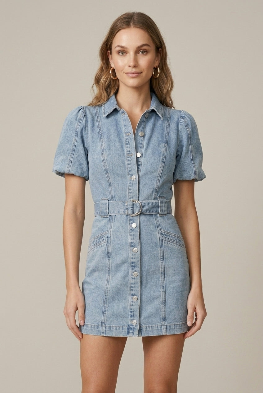 Women’s Denim Mini Dress – Short Length Button Front Design with Sleeves
