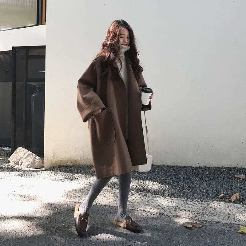 Women’s Oversized Mid-Length Coat with Notched Lapel and Front Pockets