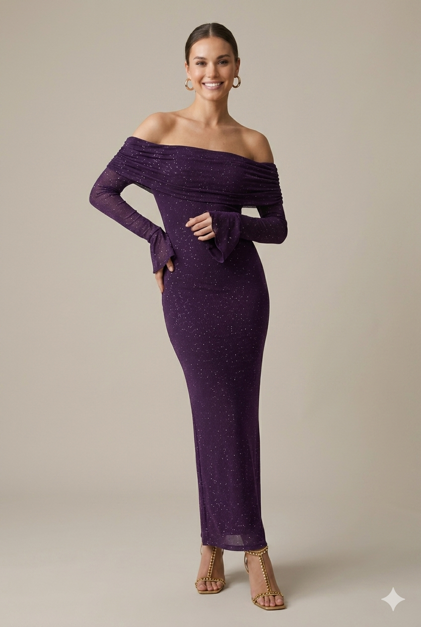 Women's Glitter Mesh Off Shoulder Maxi Dress - Long Sleeve Bodycon with Folded Bardot Neckline