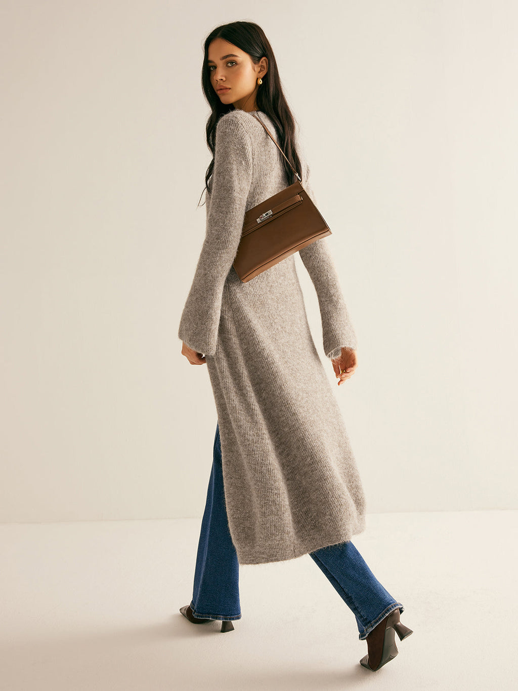 Women’s V-Neck Button-Front Midi Sweater Dress with Long Sleeves and Front Split