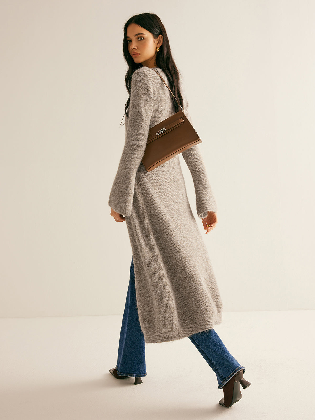 Women’s V-Neck Button-Front Midi Sweater Dress with Long Sleeves and Front Split