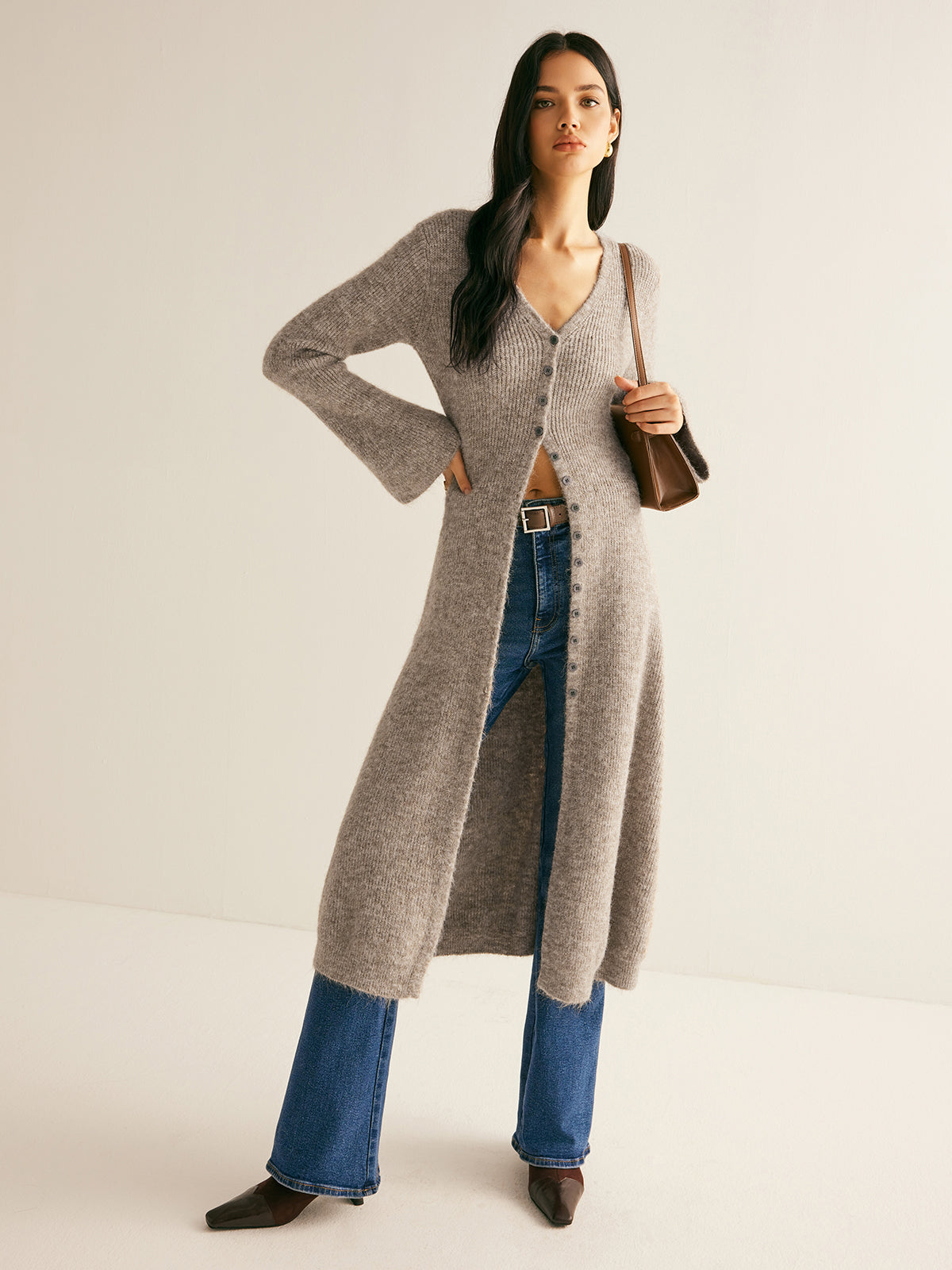 Women’s V-Neck Button-Front Midi Sweater Dress with Long Sleeves and Front Split