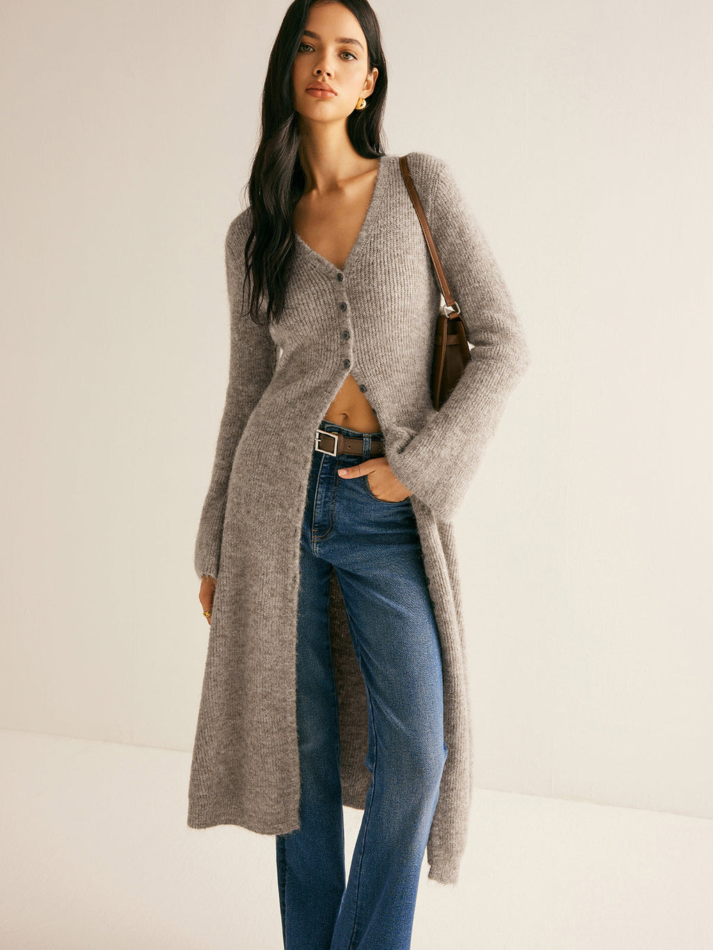 Women’s V-Neck Button-Front Midi Sweater Dress with Long Sleeves and Front Split