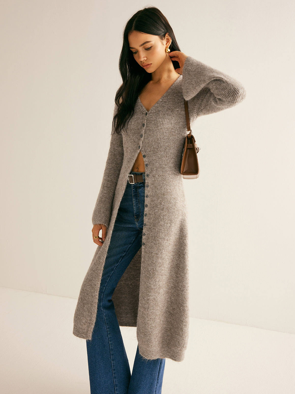 Women’s V-Neck Button-Front Midi Sweater Dress with Long Sleeves and Front Split
