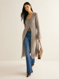 Women’s V-Neck Button-Front Midi Sweater Dress with Long Sleeves and Front Split