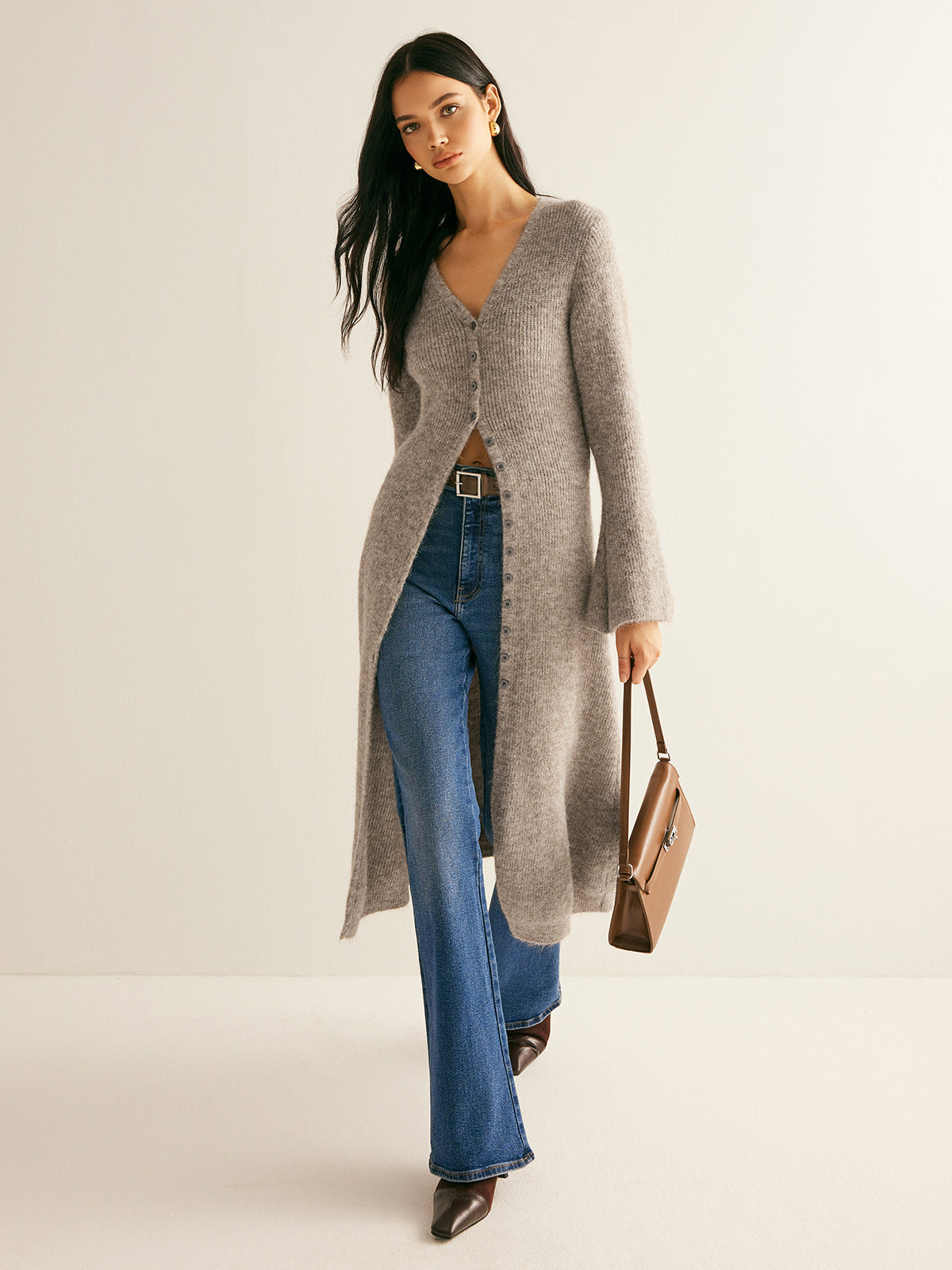 Women’s V-Neck Button-Front Midi Sweater Dress with Long Sleeves and Front Split