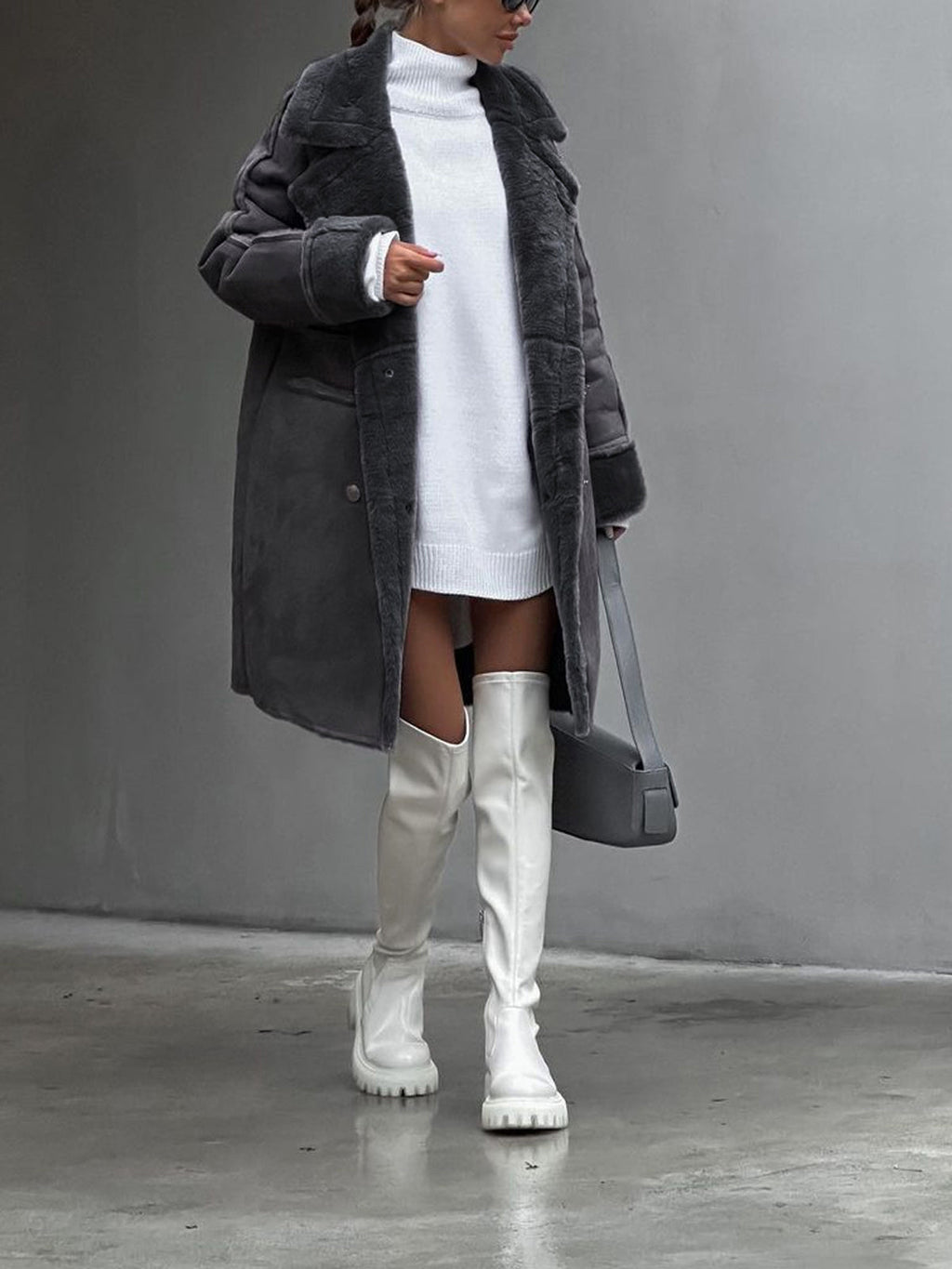 Women’s Long Coat with Faux Shearling Trim and Double-Breasted Front