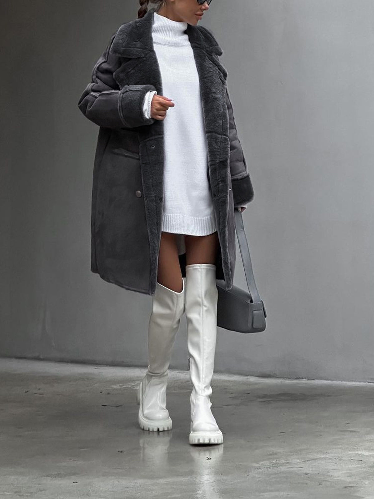 Women’s Long Coat with Faux Shearling Trim and Double-Breasted Front