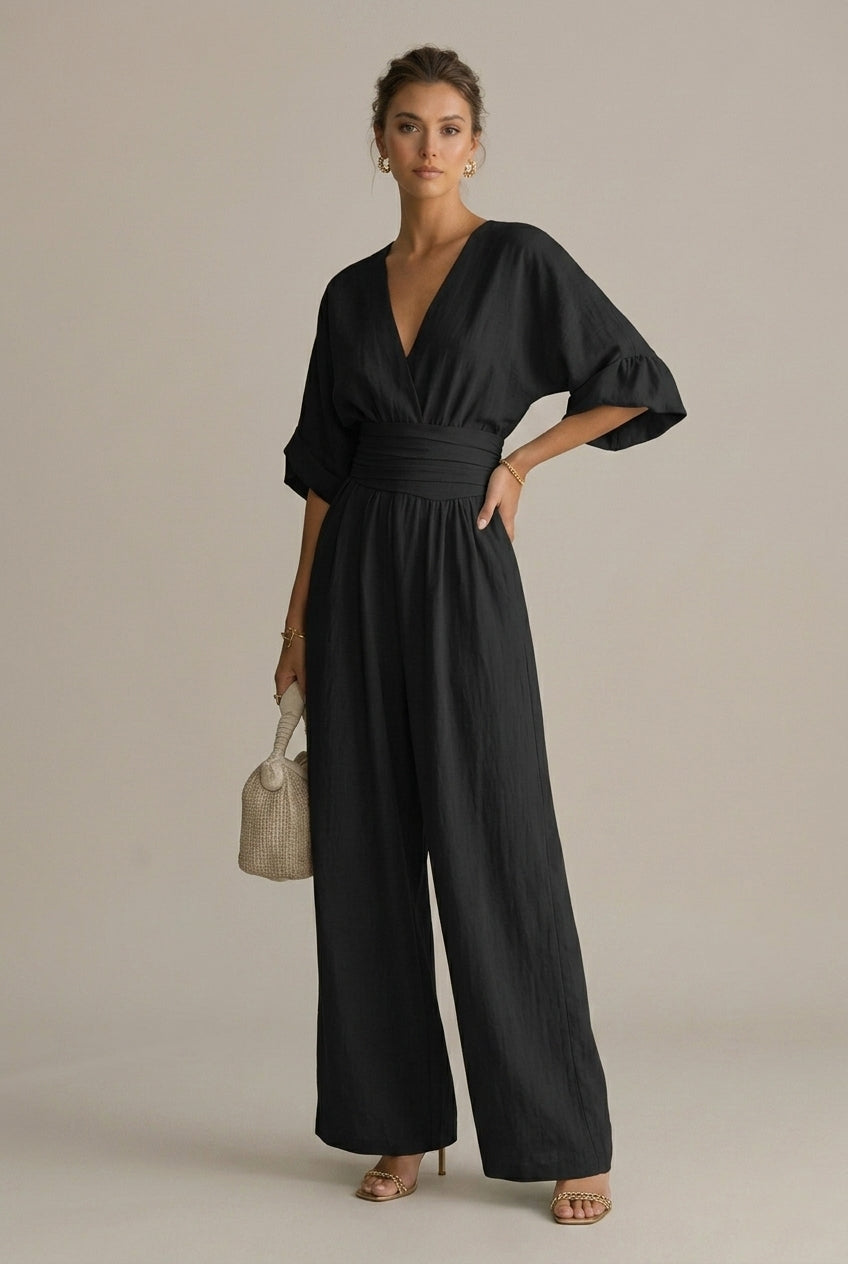 Women's V-Neck Waist Defining Long Sleeve Jumpsuit