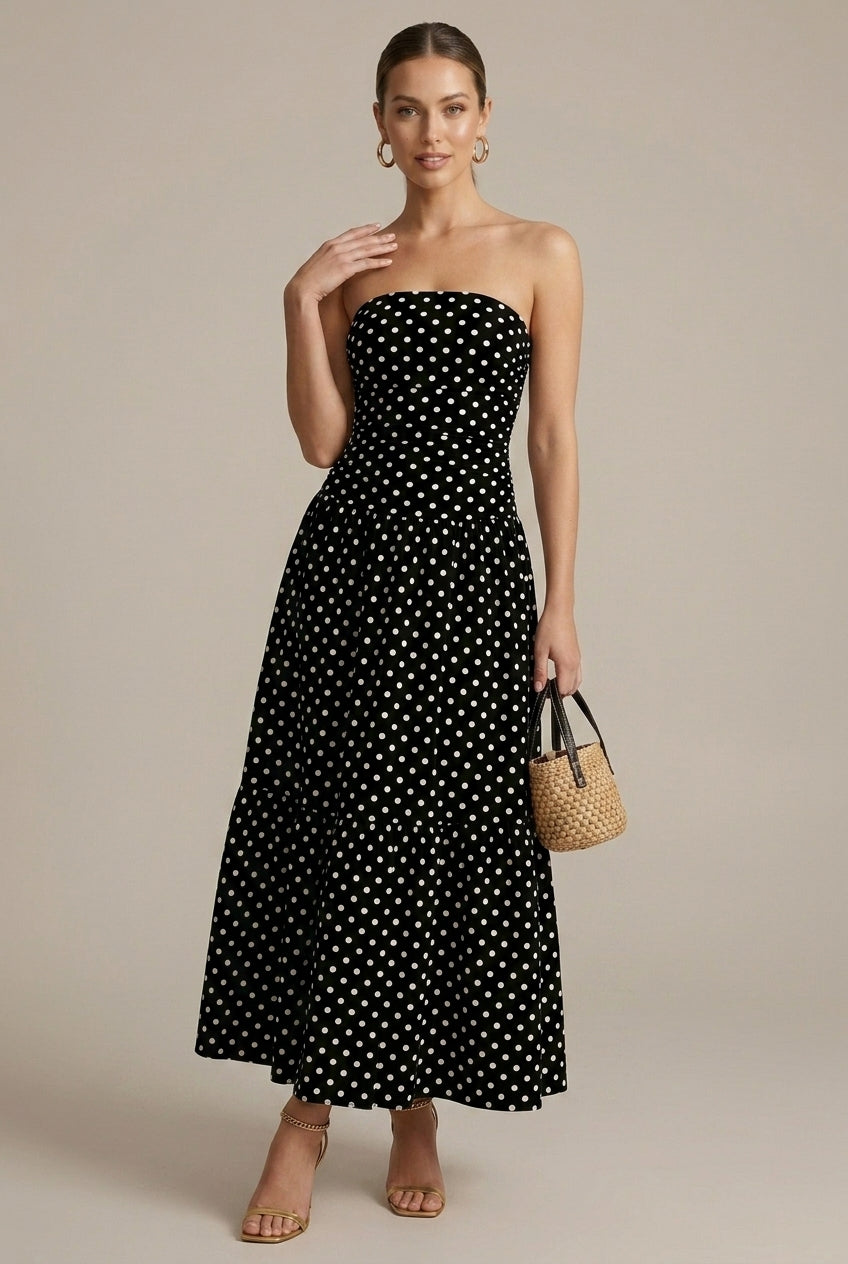 Women's Strapless Polka Dot Ruched Flowy Maxi Dress