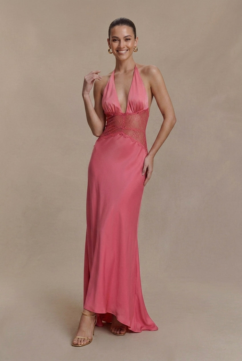 Women's Halter Neck Backless Lace Waist Maxi Dress