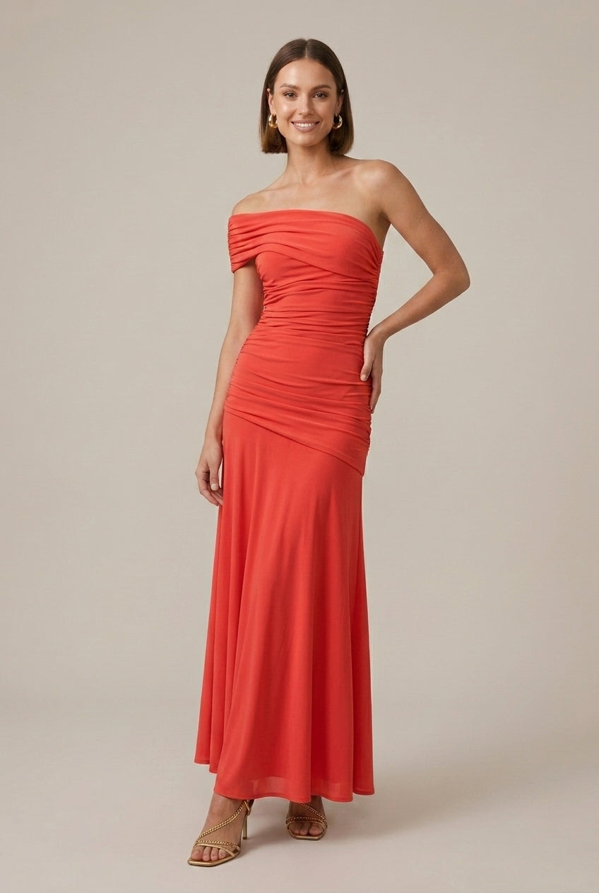 Women's One Shoulder Ruched Maxi Dress - Floor Length Evening
